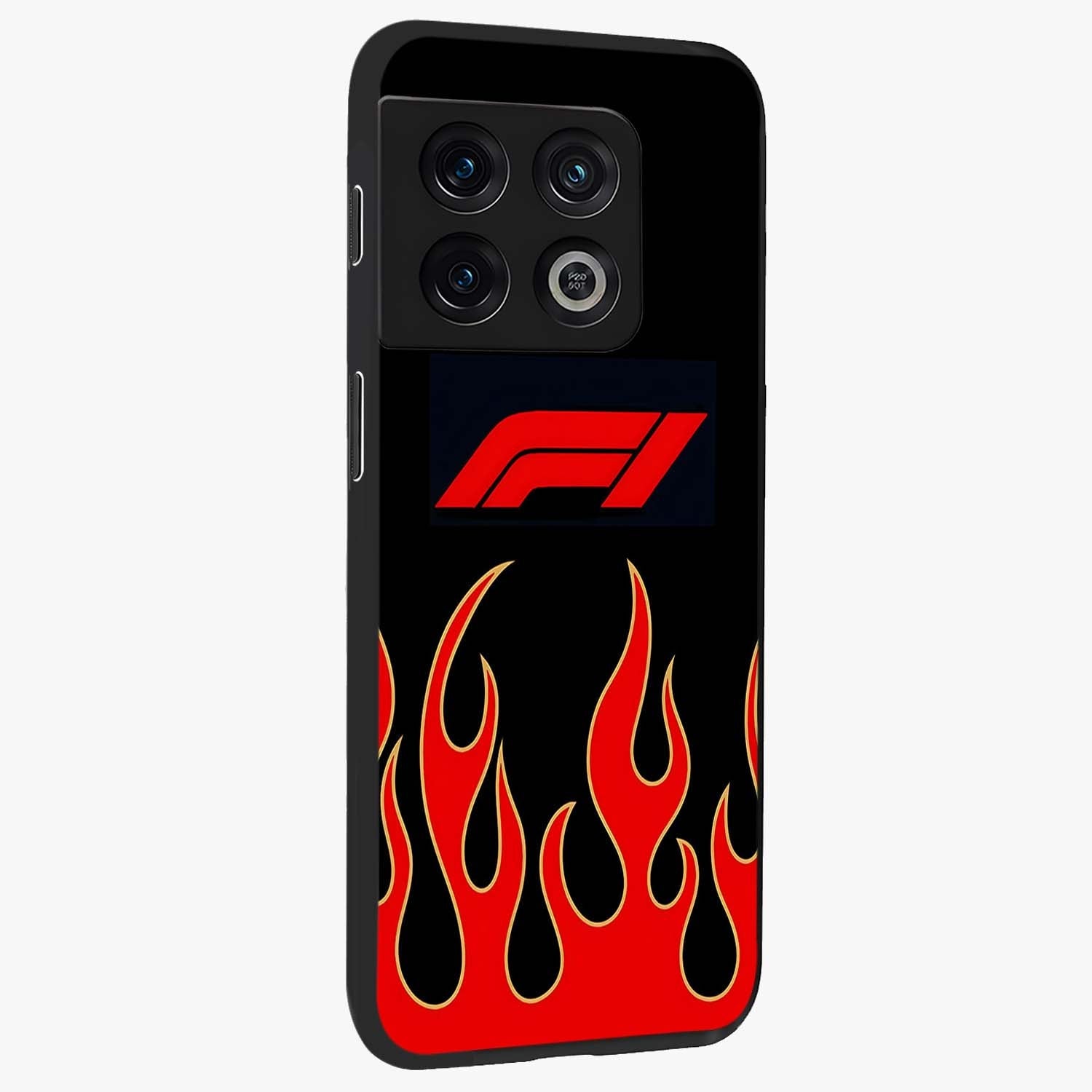 Fire F11 Glass Case upright view showcasing dynamic flame artwork with intense visual theme.