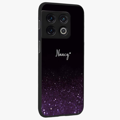 Glittery Purple Bokeh Custom Name Glass Case upright view showcasing vibrant purple sparkle artwork with personalized aesthetic style.