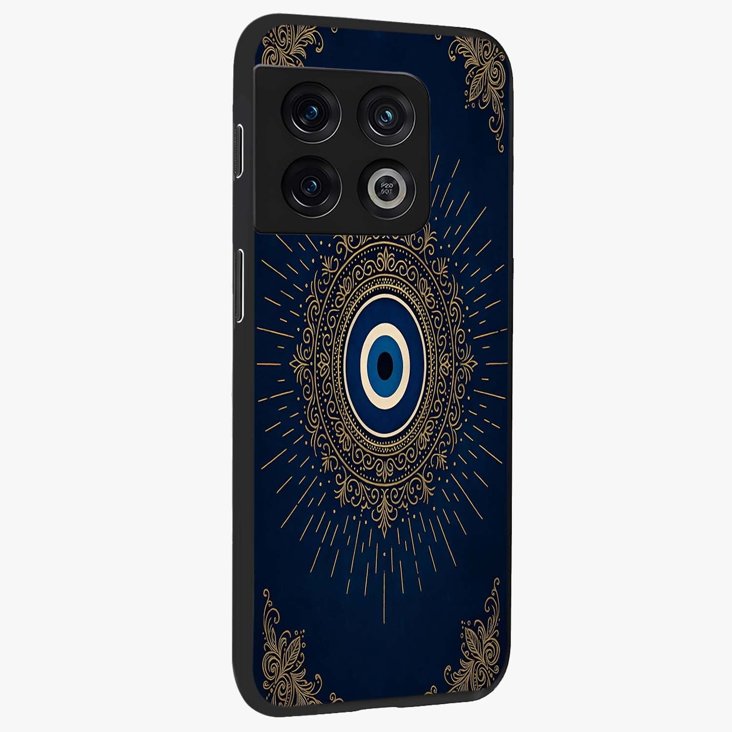 Golden Celestial Charm Glass Case upright view showcasing radiant celestial artwork with elegant golden theme.