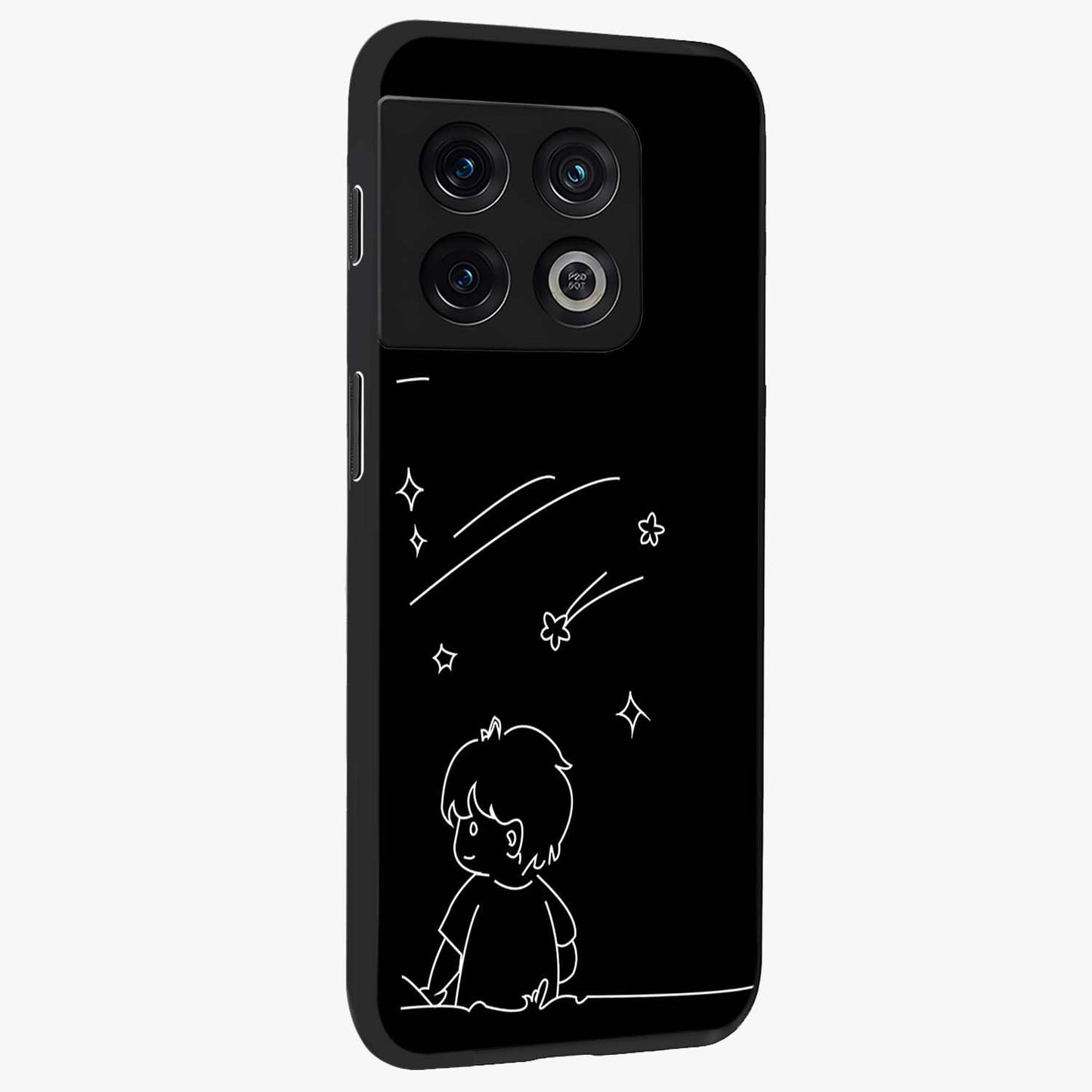 Line Art Boy With Shooting Stars Glass Case upright view showcasing artistic shooting star illustration with minimal style.