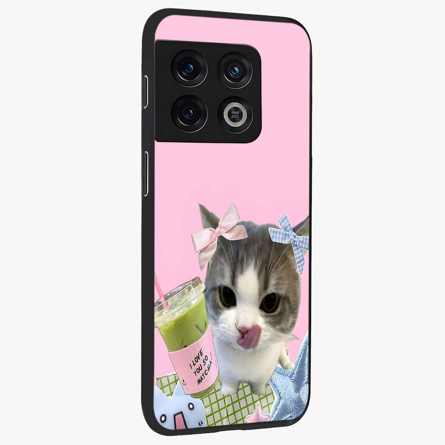 Love Matcha Cat Glass Case upright view showcasing adorable cat artwork with charming matcha themed design.