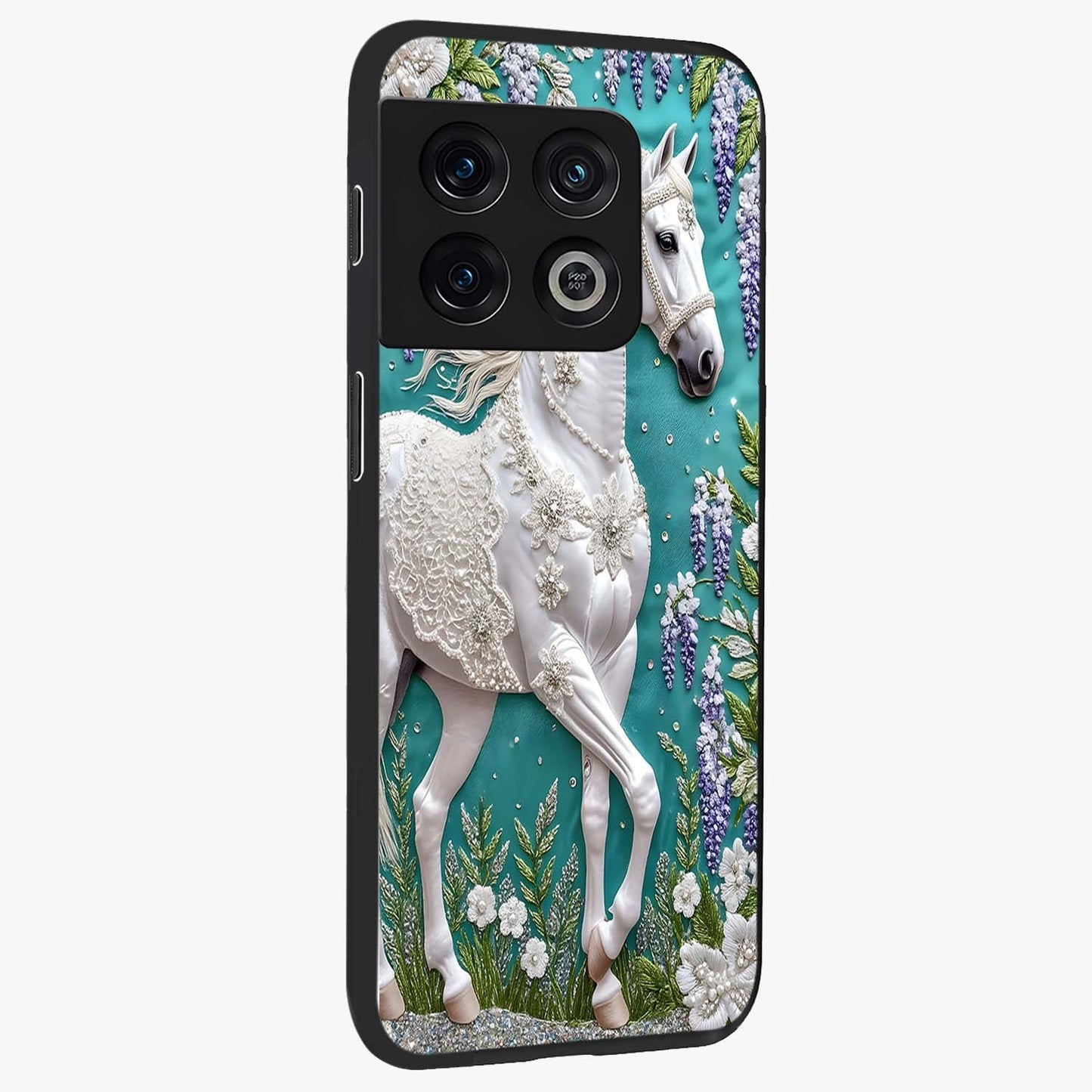 Majestic Floral Stallion Glass Case upright view showcasing dramatic horse artwork with decorative floral theme.