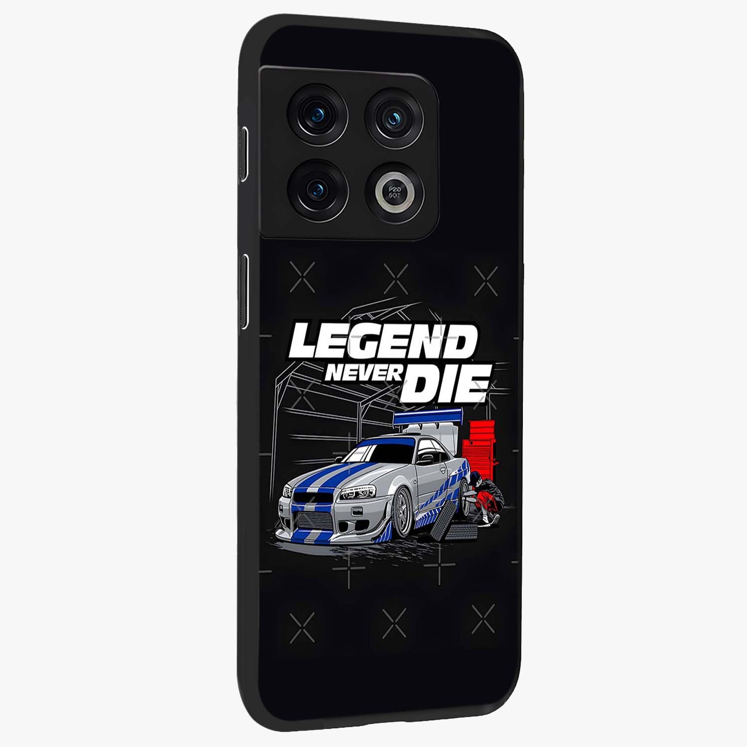 Midnight Racing Legacy Glass Case upright view showcasing powerful racing artwork with modern sports theme.
