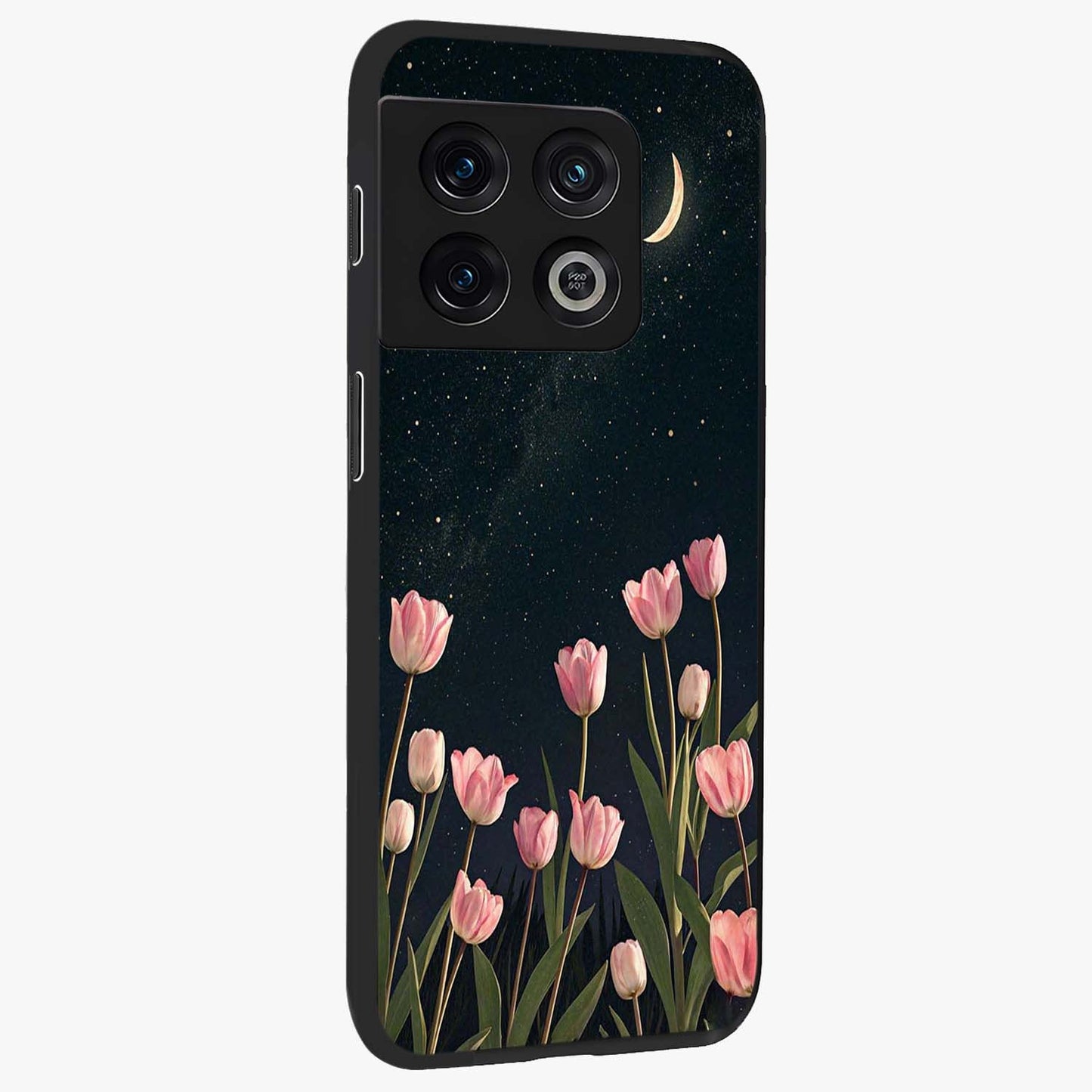 Midnight Tulip Whispers Vibe Glass Case upright view showcasing graceful tulip artwork with calm botanical theme.