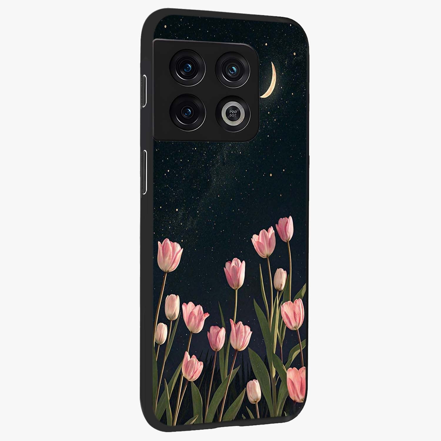 Midnight Tulip Whispers Vibe Glass Case upright view showcasing graceful tulip artwork with calm botanical theme.