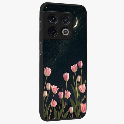 Midnight Tulip Whispers Vibe Glass Case upright view showcasing graceful tulip artwork with calm botanical theme.