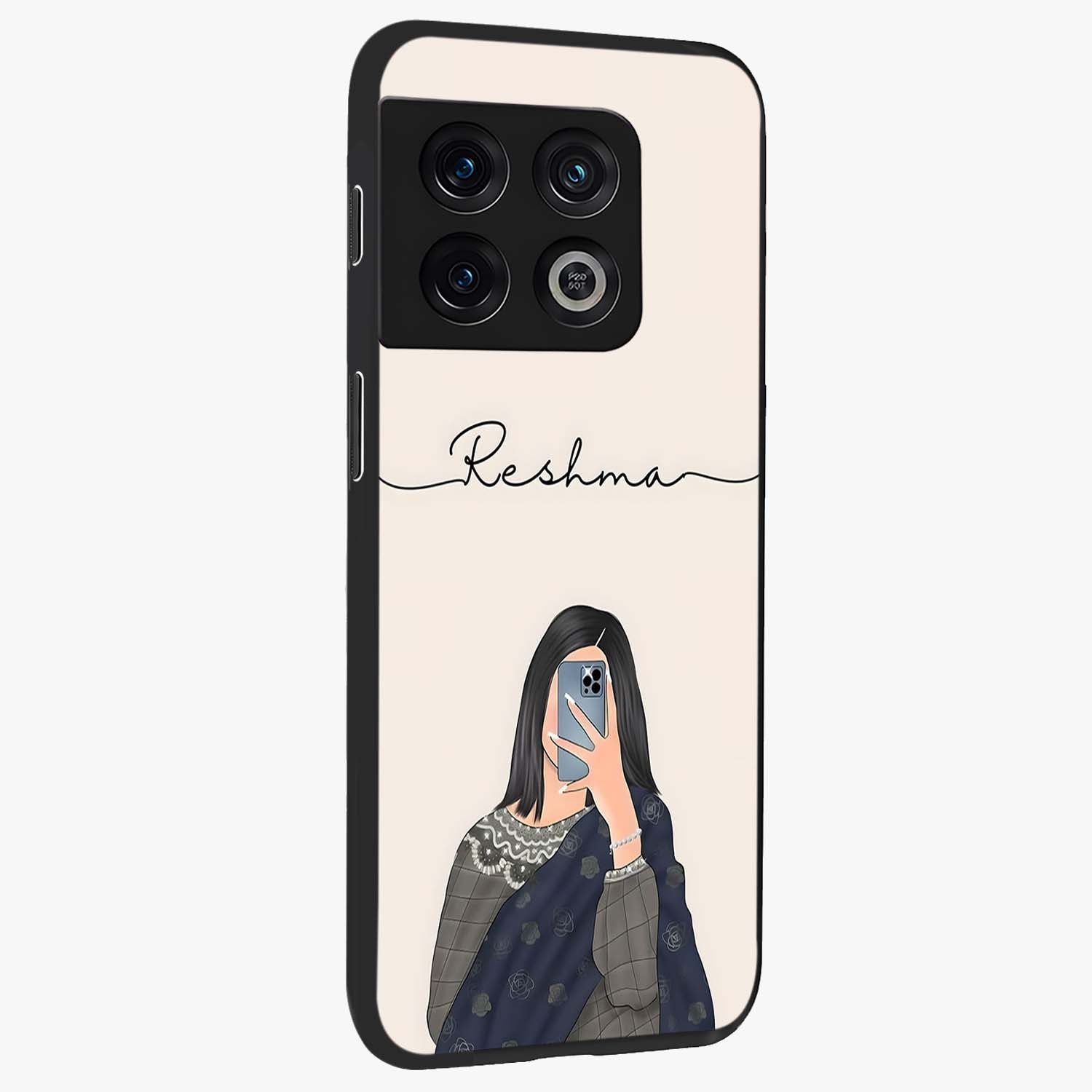 Mirror Mood Muse With Custom Name Glass Case upright view showcasing artistic mirror themed artwork with personalized aesthetic.