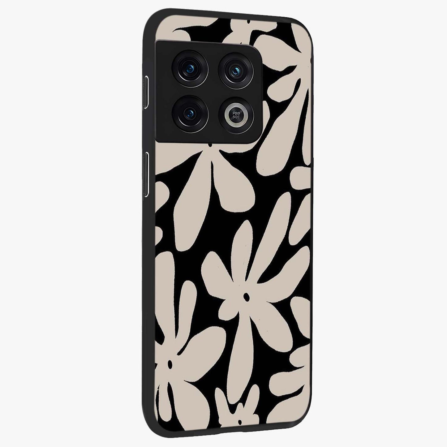 Monochrome Petal Dance Glass Case upright view showcasing artistic floral pattern with stylish monochrome theme.