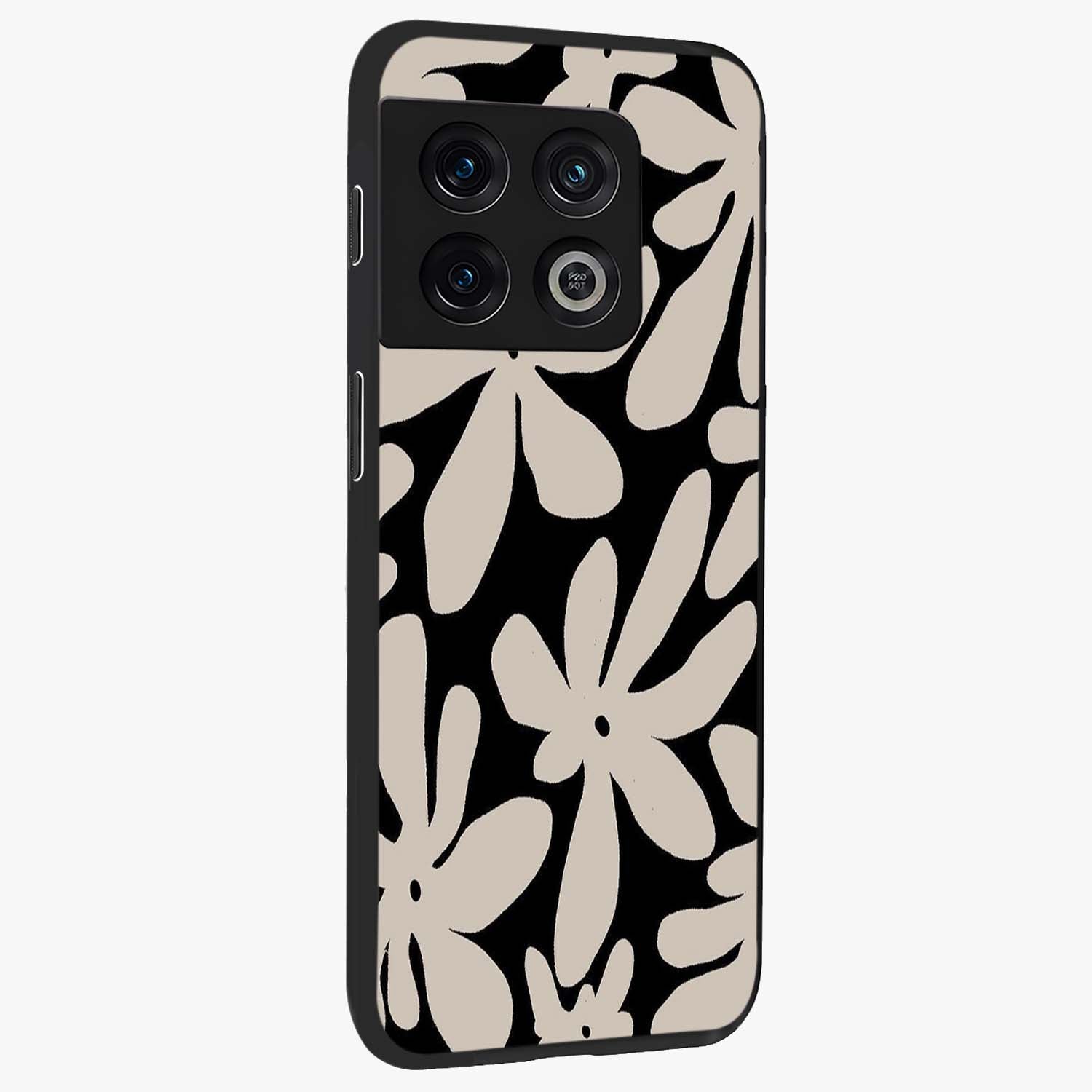 Monochrome Petal Dance Glass Case upright view showcasing artistic floral pattern with stylish monochrome theme.