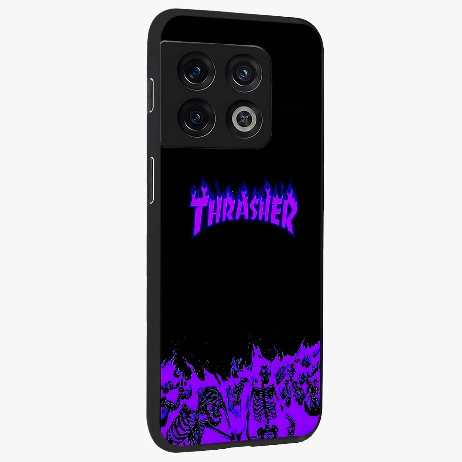Neon Flame Riot Glass Case upright view showcasing dynamic flame artwork with energetic neon theme.