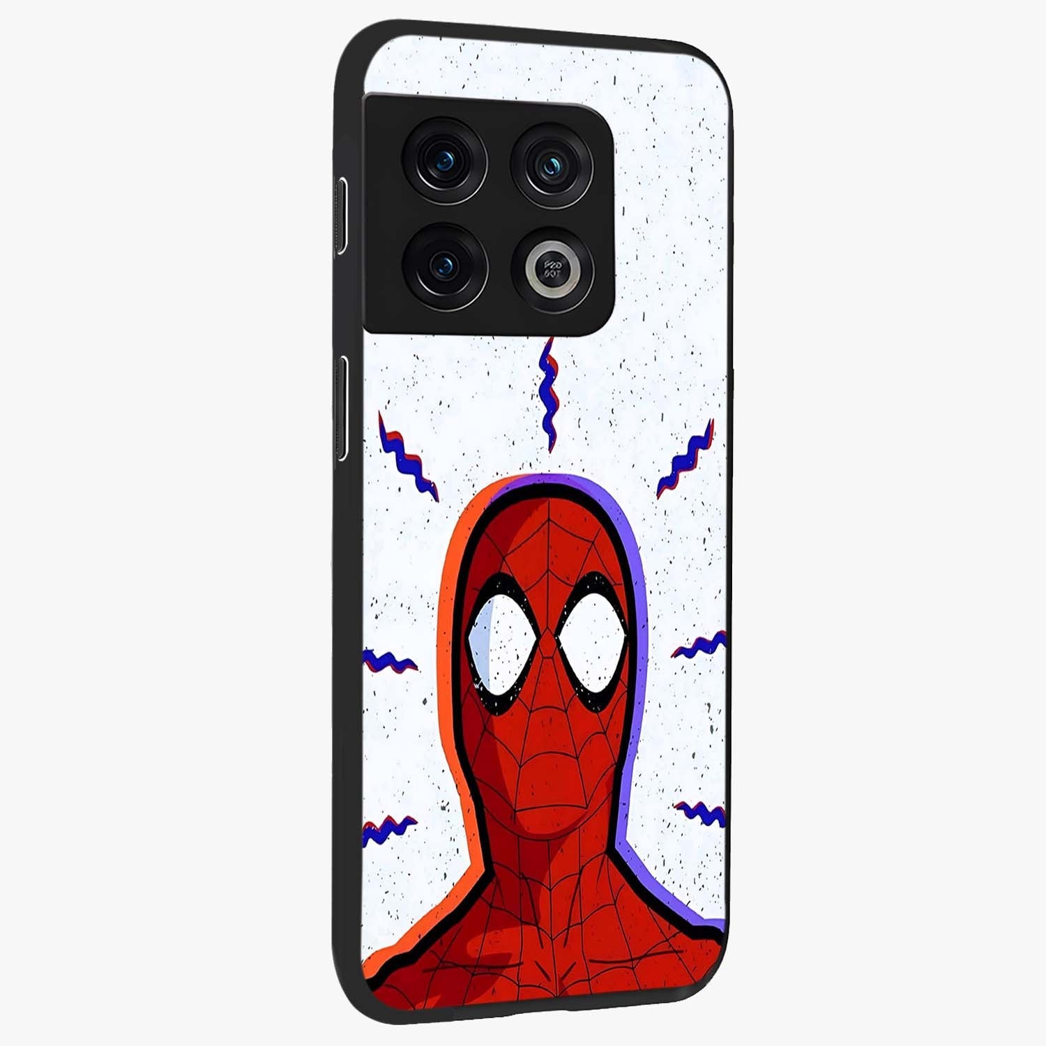 Omg Spiderman Glass Case upright view showcasing energetic superhero artwork with vibrant comic theme.