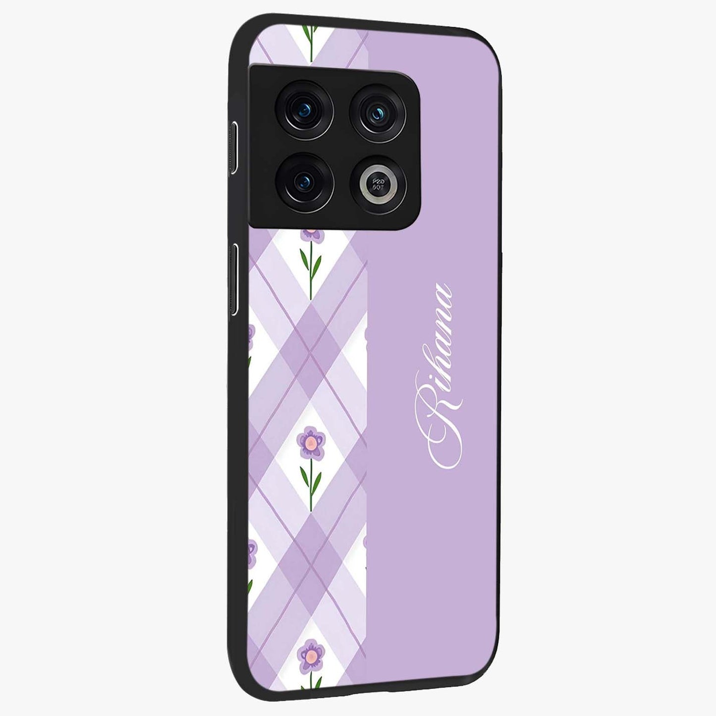 Purple Diamond Floral Glass Case upright view showcasing vibrant floral artwork with stylish geometric theme.