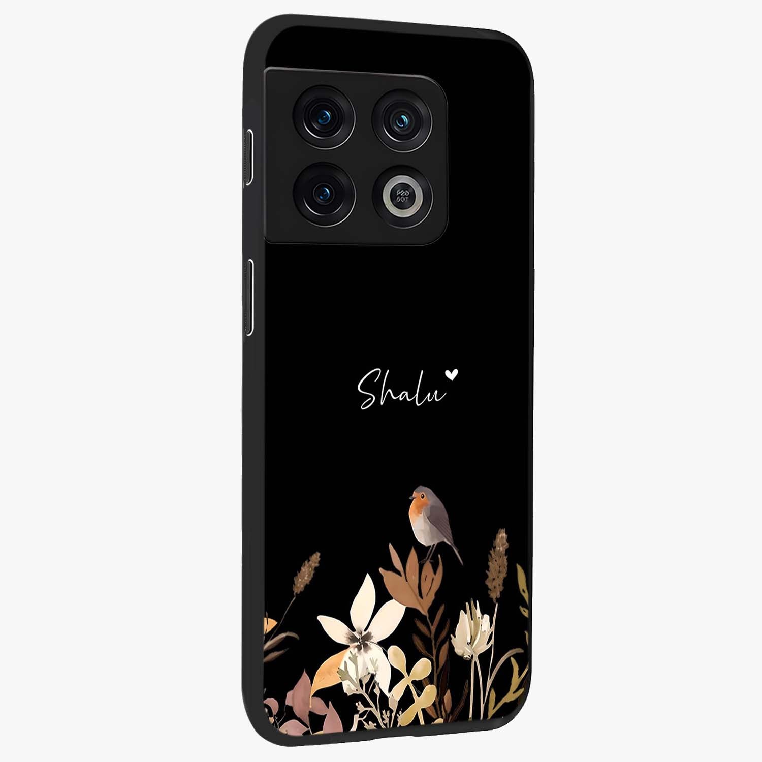 Quiet Garden Tune Custom Name Glass Case upright view showcasing serene botanical artwork with personalized aesthetic.