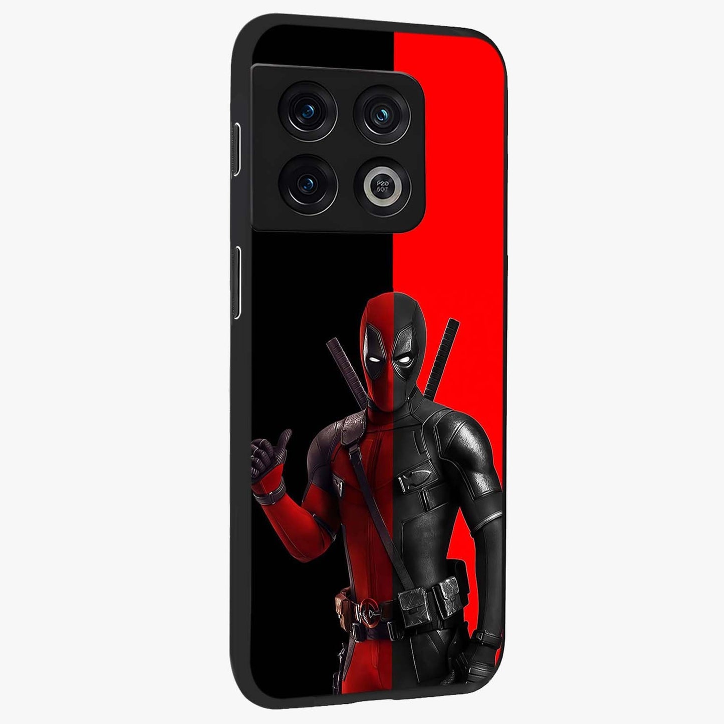 Red & Black Deadpool Theme Glass Case upright view showcasing energetic comic themed artwork with striking red and black design.