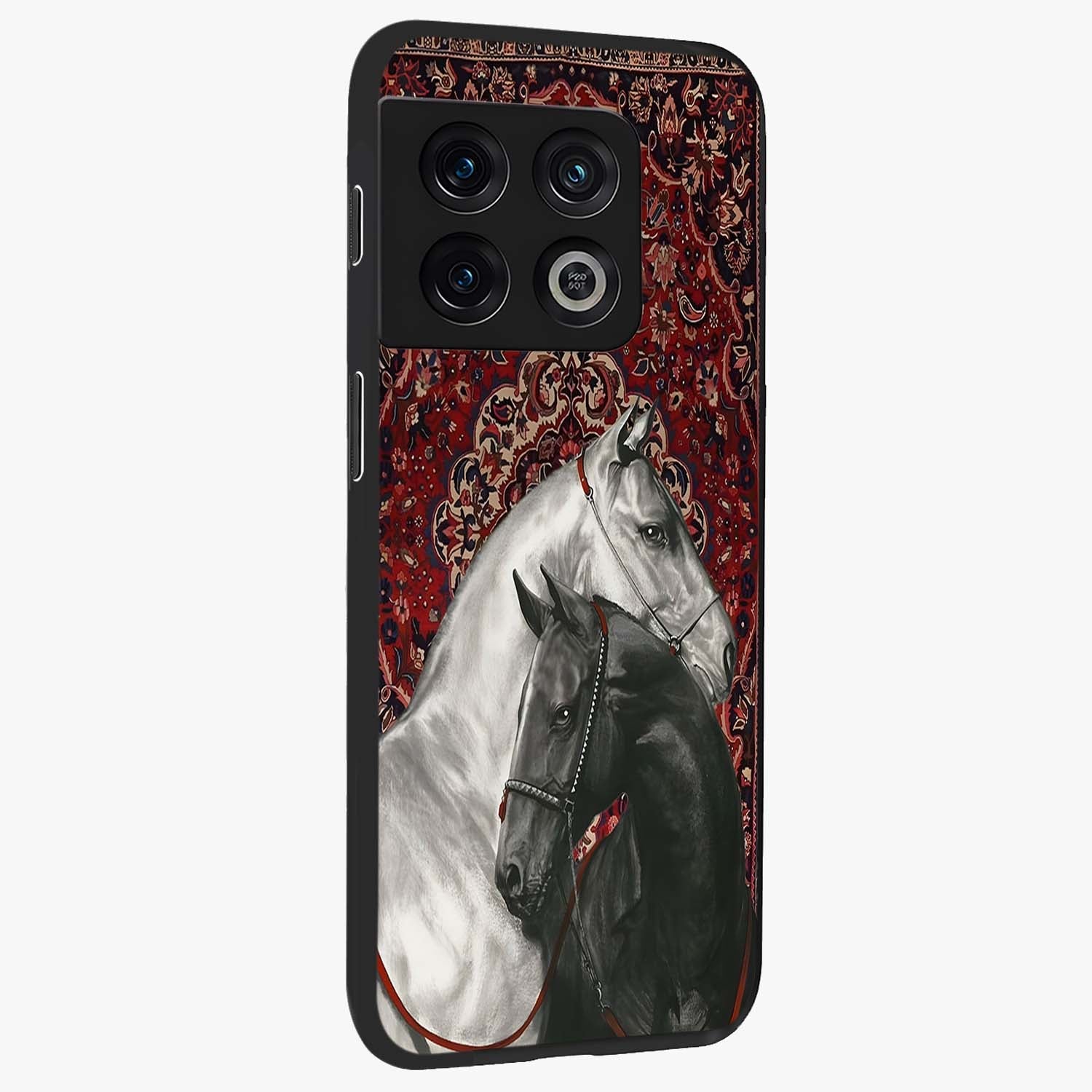 Regal Stallion Tapestry Glass Case upright view showcasing powerful horse artwork with elegant tapestry theme.
