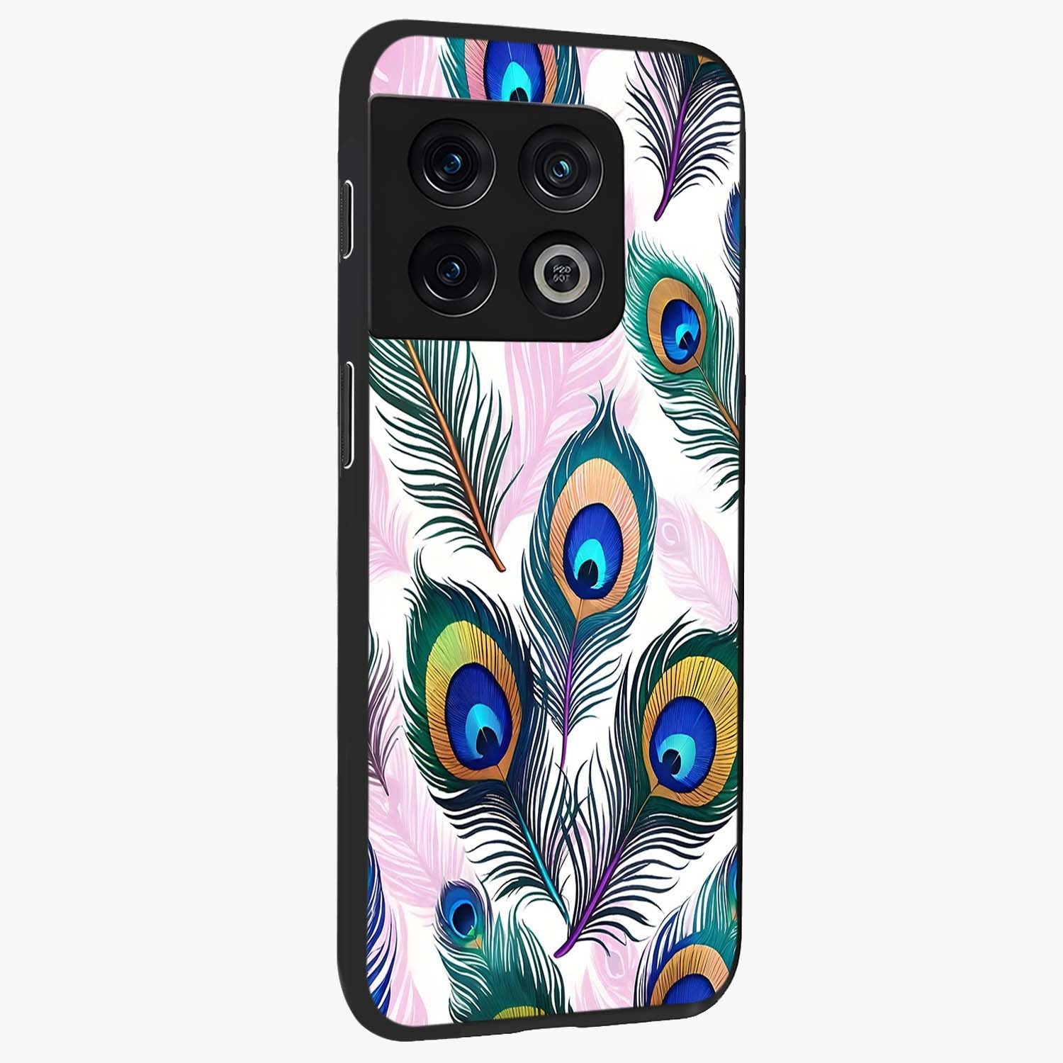 Royal Peacock Feathers Glass Case upright view showcasing elegant peacock feather artwork with decorative royal theme.