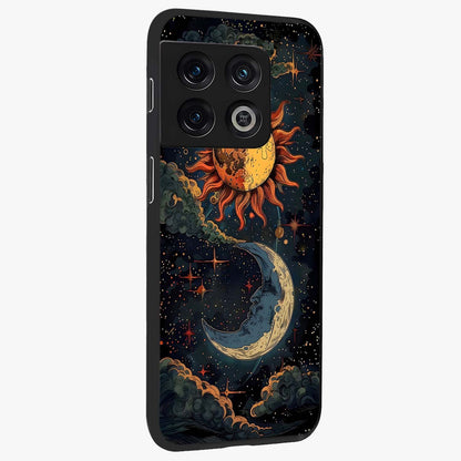 Sun And Moon Magic Design Glass Case upright view showcasing decorative sun and moon artwork with spiritual celestial theme.