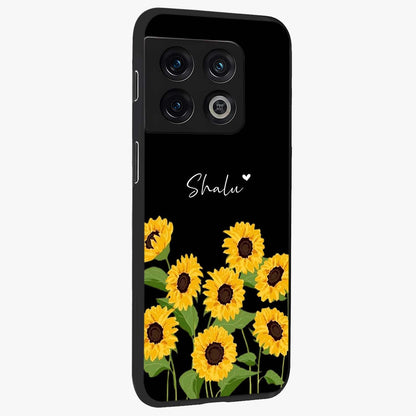 Sunflower Chic Mood Custom Name Glass Case upright view showcasing cheerful sunflower artwork with trendy floral theme.