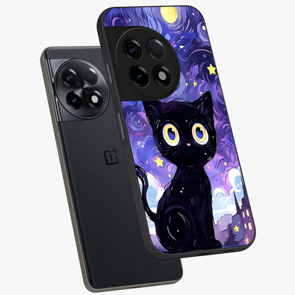Abstract Cat Art Glass Case for 1+11R premium angled mockup showcasing glossy glass finish and creative feline design
