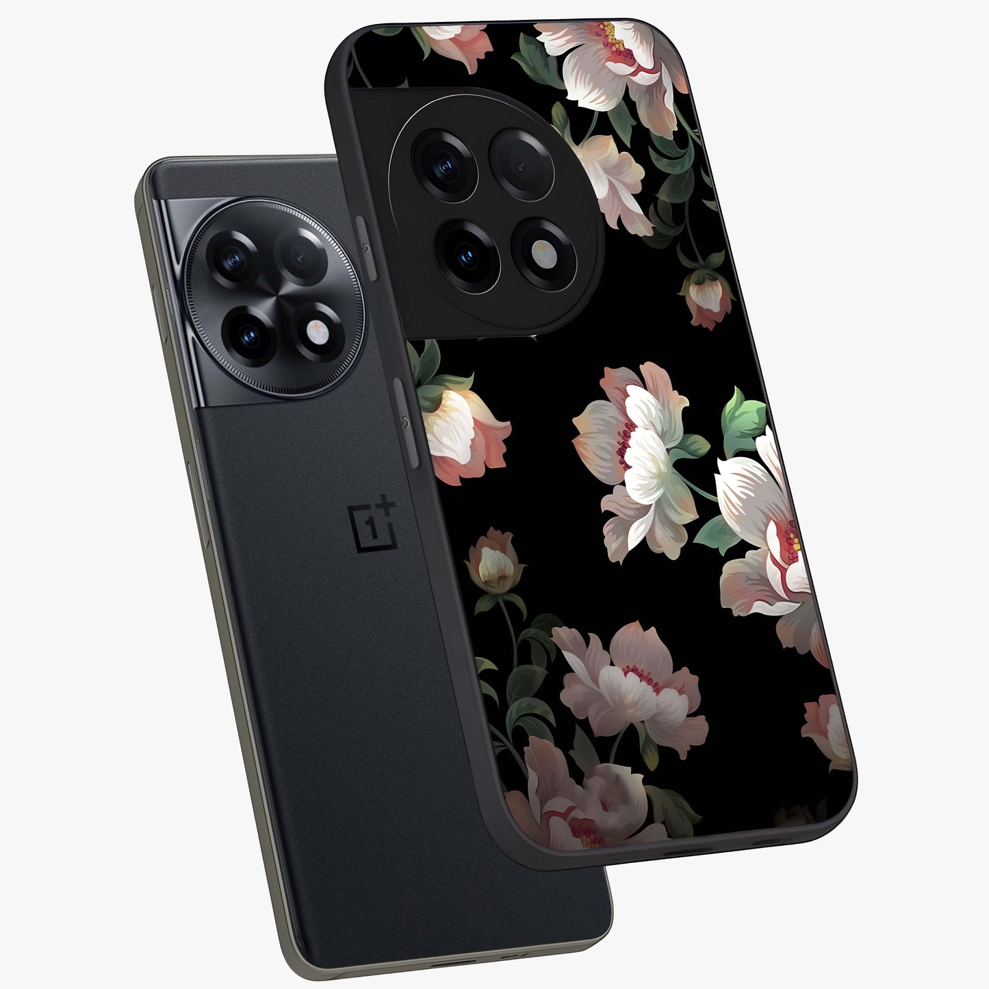 Abstract Embossed Blooming Bright Flower Glass Case for 1+11R angled mockup showcasing glossy surface and detailed bloom design