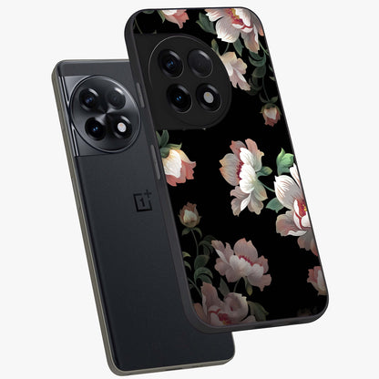 Abstract Embossed Blooming Bright Flower Glass Case for 1+11R angled mockup showcasing glossy surface and detailed bloom design