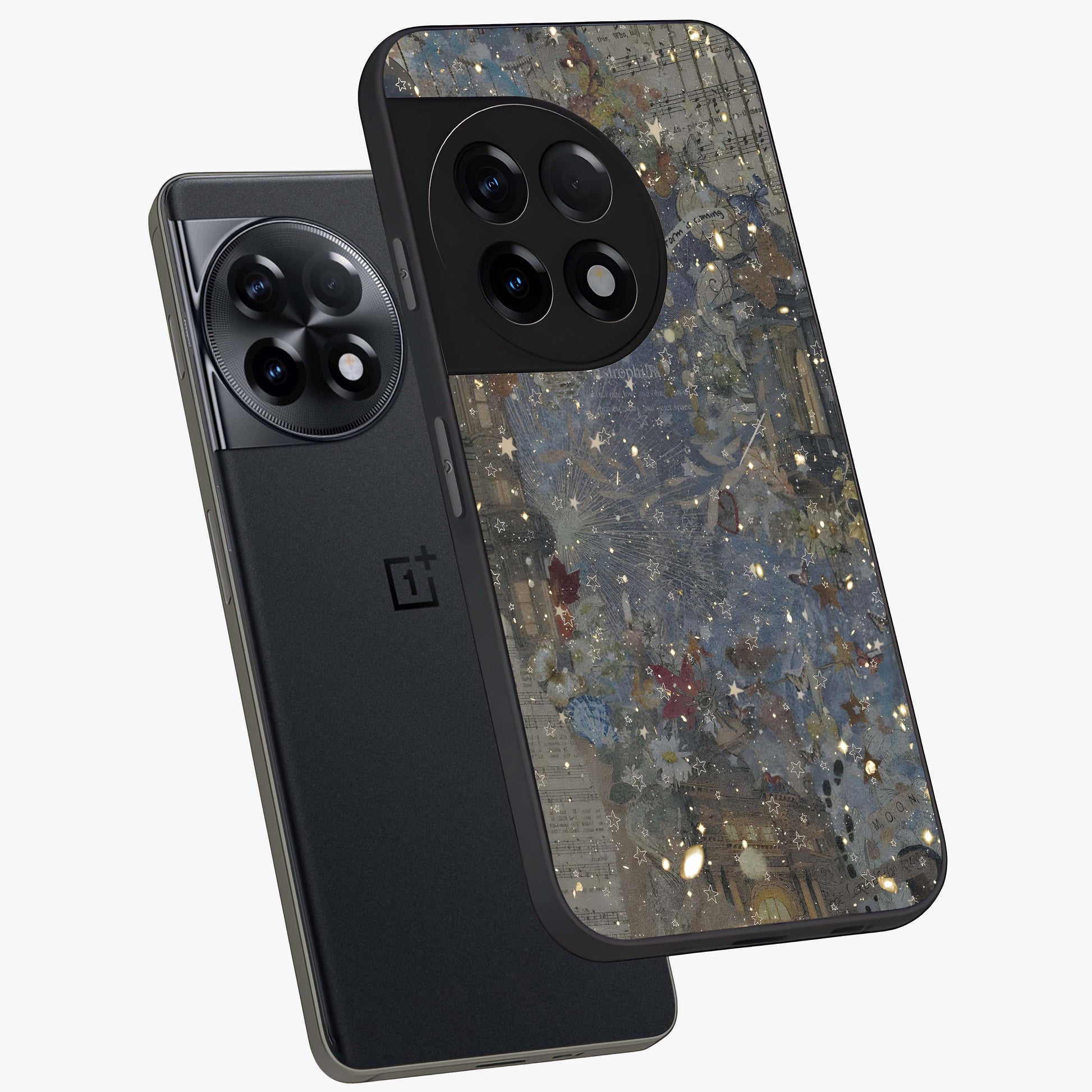 Aesthetic Astrolophia Glass Case for 1+11R angled mockup showcasing glossy cosmic design and premium glass finish