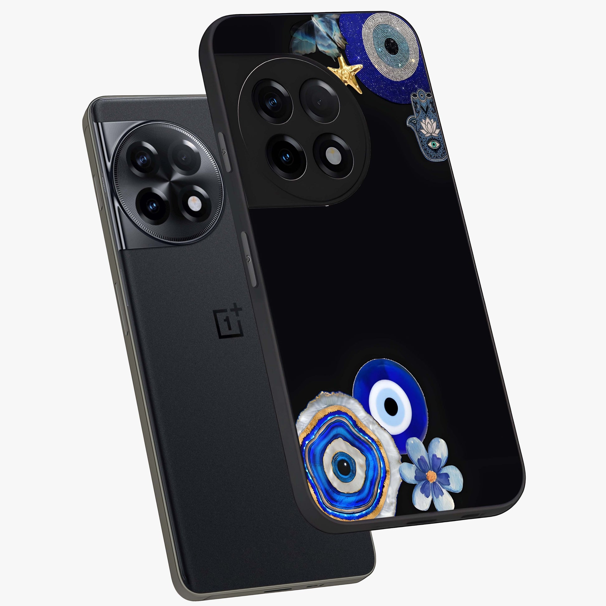 Aesthetic Blue Evil Eye Glass Case for 1+11R angled mockup showcasing glossy finish and protective symbol design