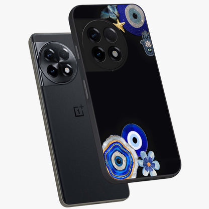 Aesthetic Blue Evil Eye Glass Case for 1+11R angled mockup showcasing glossy finish and protective symbol design