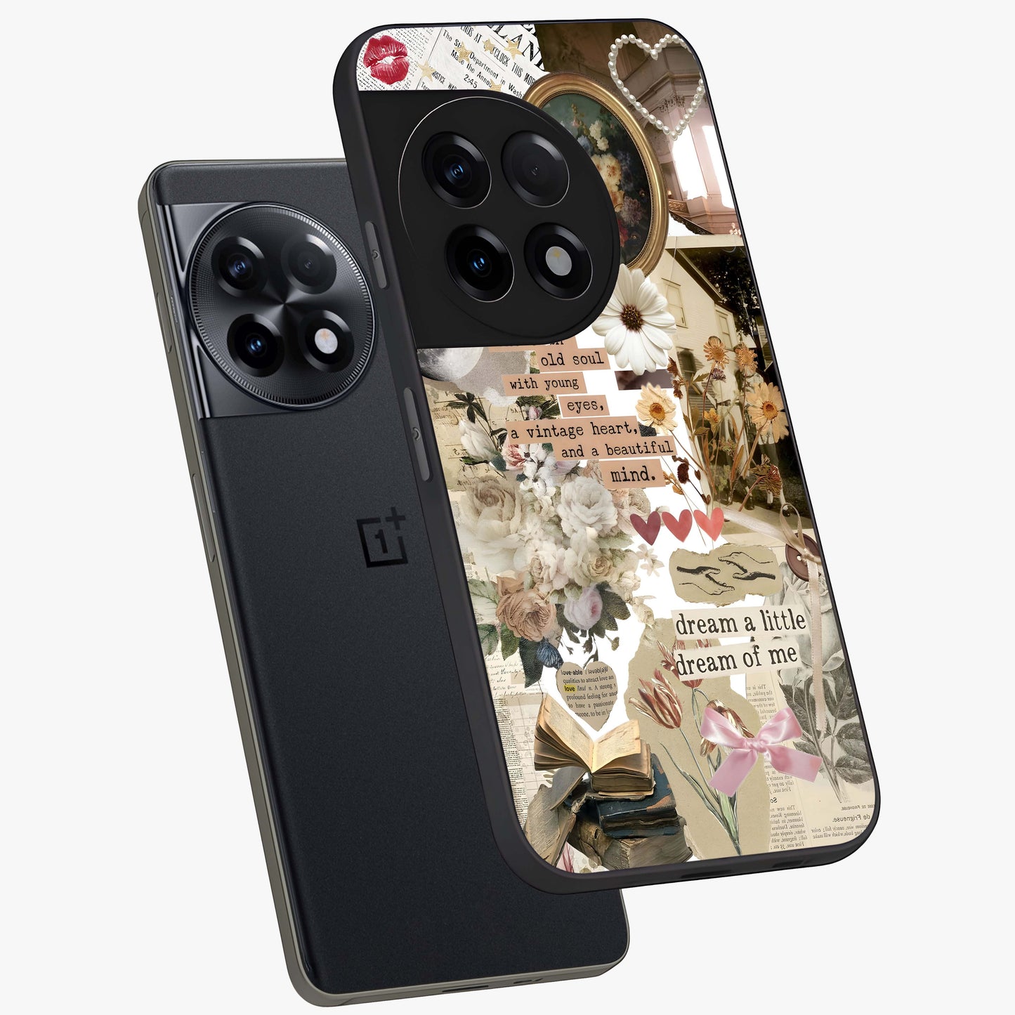 Aesthetic Brown Vintage Collage Glass Case for 1+11R angled mockup showcasing glossy layered vintage textures
