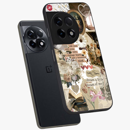 Aesthetic Brown Vintage Collage Glass Case for 1+11R angled mockup showcasing glossy layered vintage textures