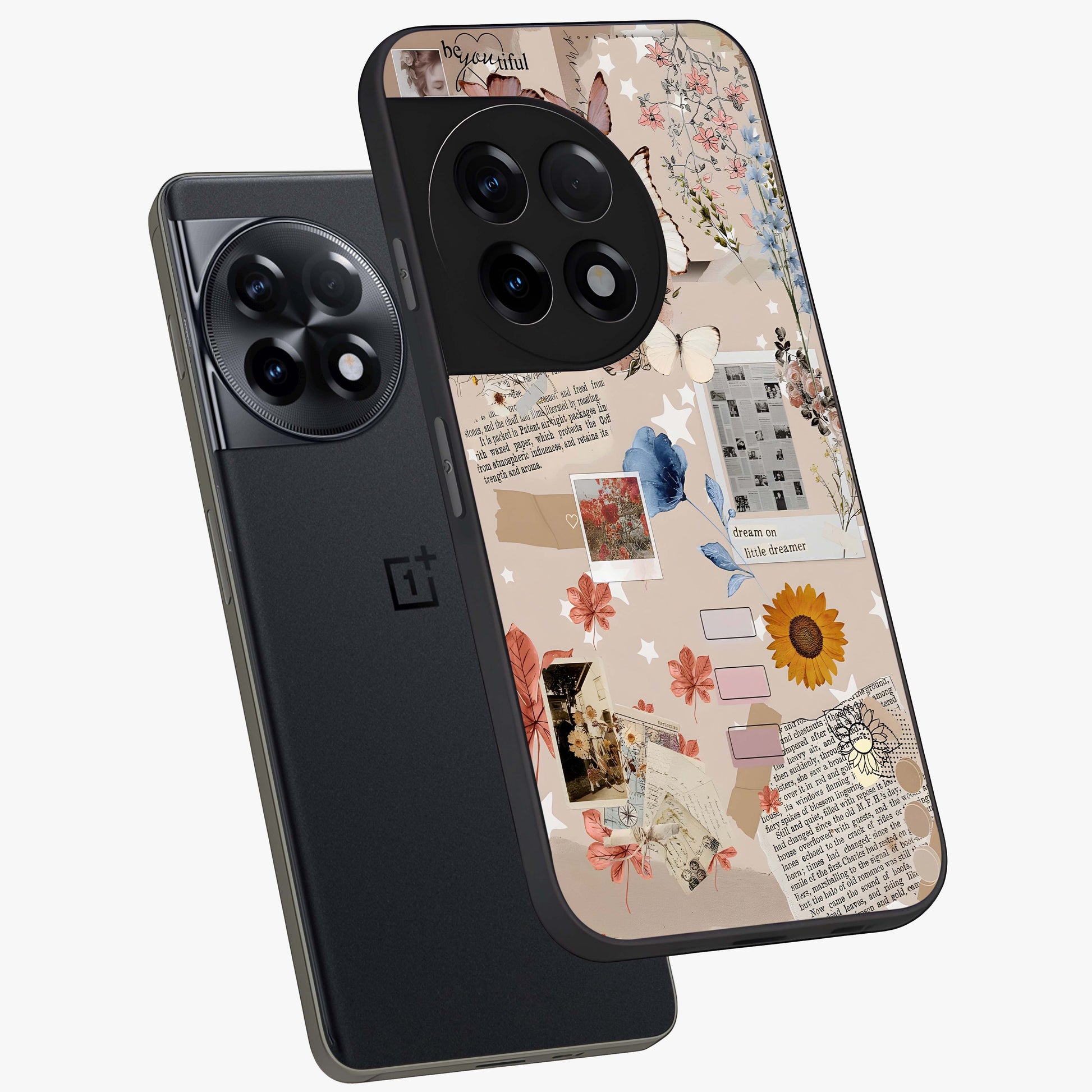 Aesthetic Butterfly Glass Case for 1+11R angled mockup showcasing glossy glass finish and delicate wing details