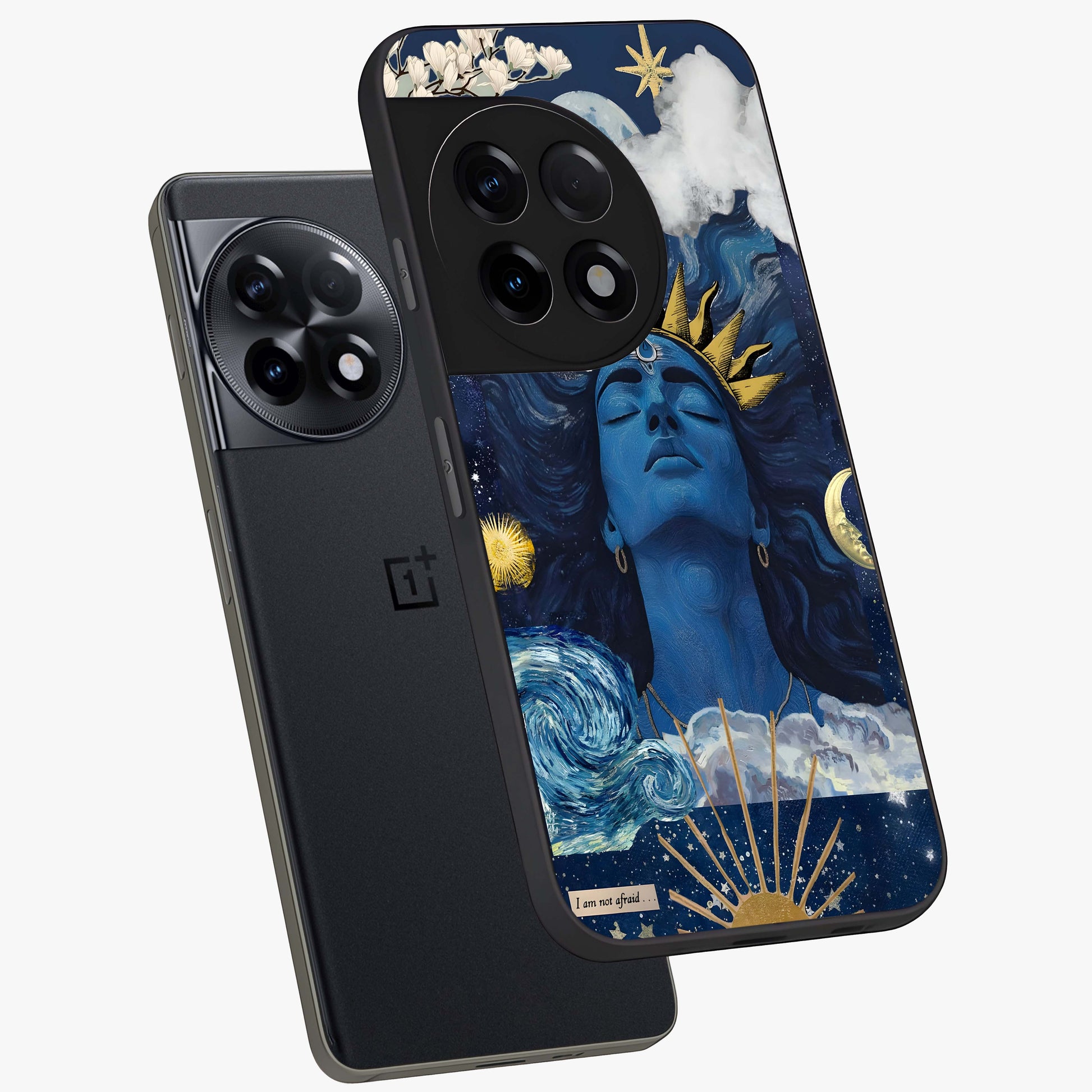 Aesthetic Lord Shiva Glass Case for 1+11R angled mockup showcasing glossy finish and divine aesthetic design