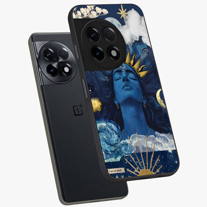 Aesthetic Lord Shiva Glass Case for 1+11R angled mockup showcasing glossy finish and divine aesthetic design