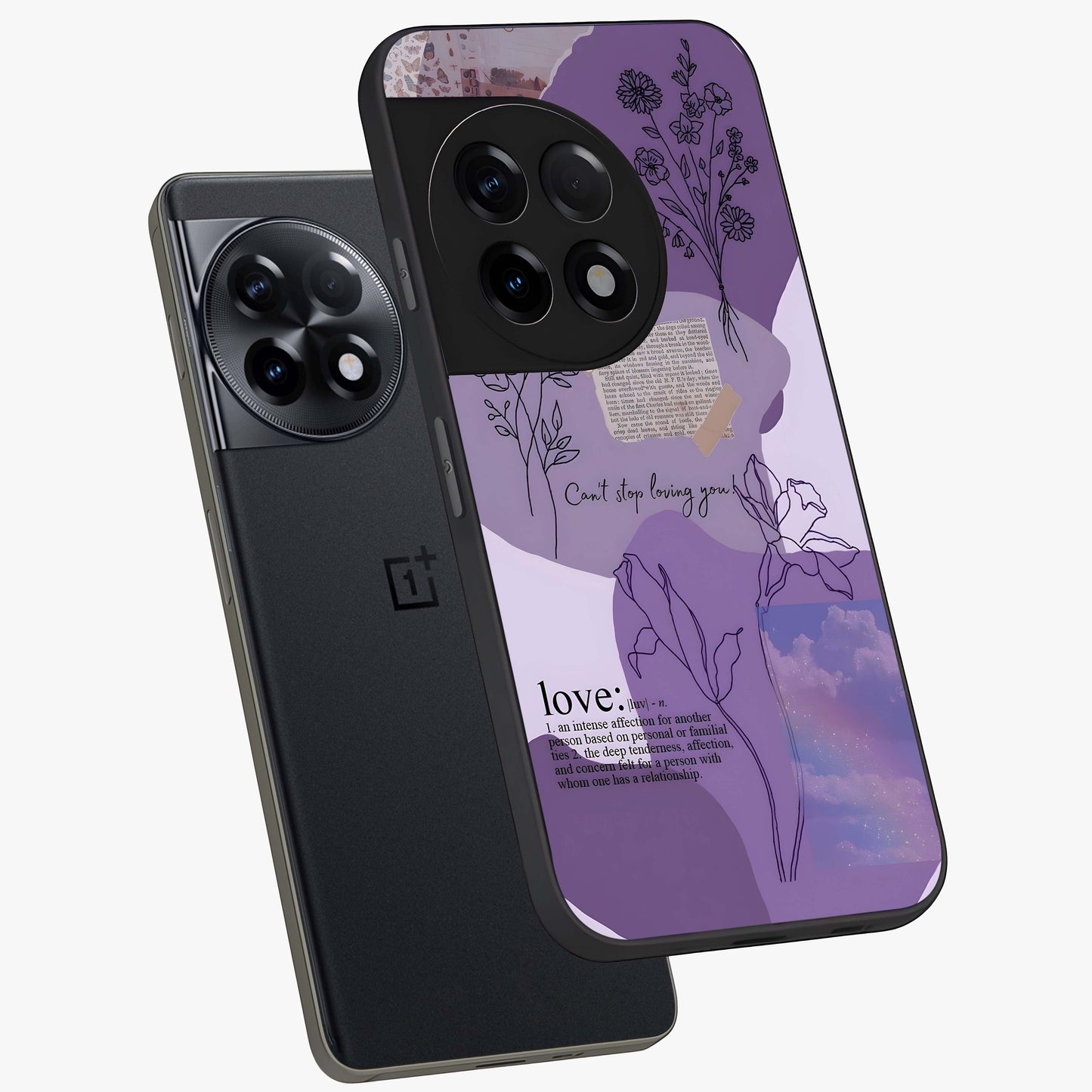 Aesthetic Love With Flower Glass Case for 1+11R angled mockup showcasing glossy finish and soft floral design