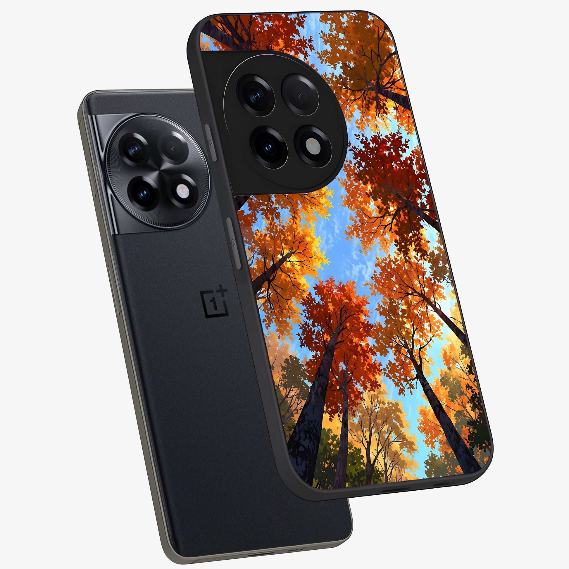 Amber Canopy Glow Glass Case for 1+11R angled mockup showcasing glossy glass finish and golden amber tones