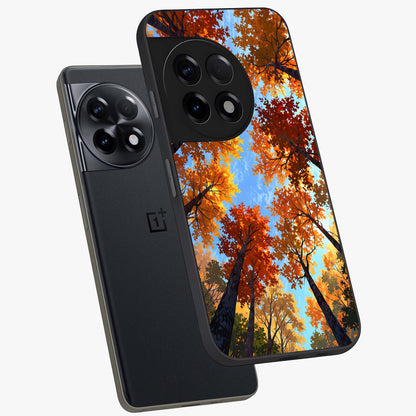 Amber Canopy Glow Glass Case for 1+11R angled mockup showcasing glossy glass finish and golden amber tones