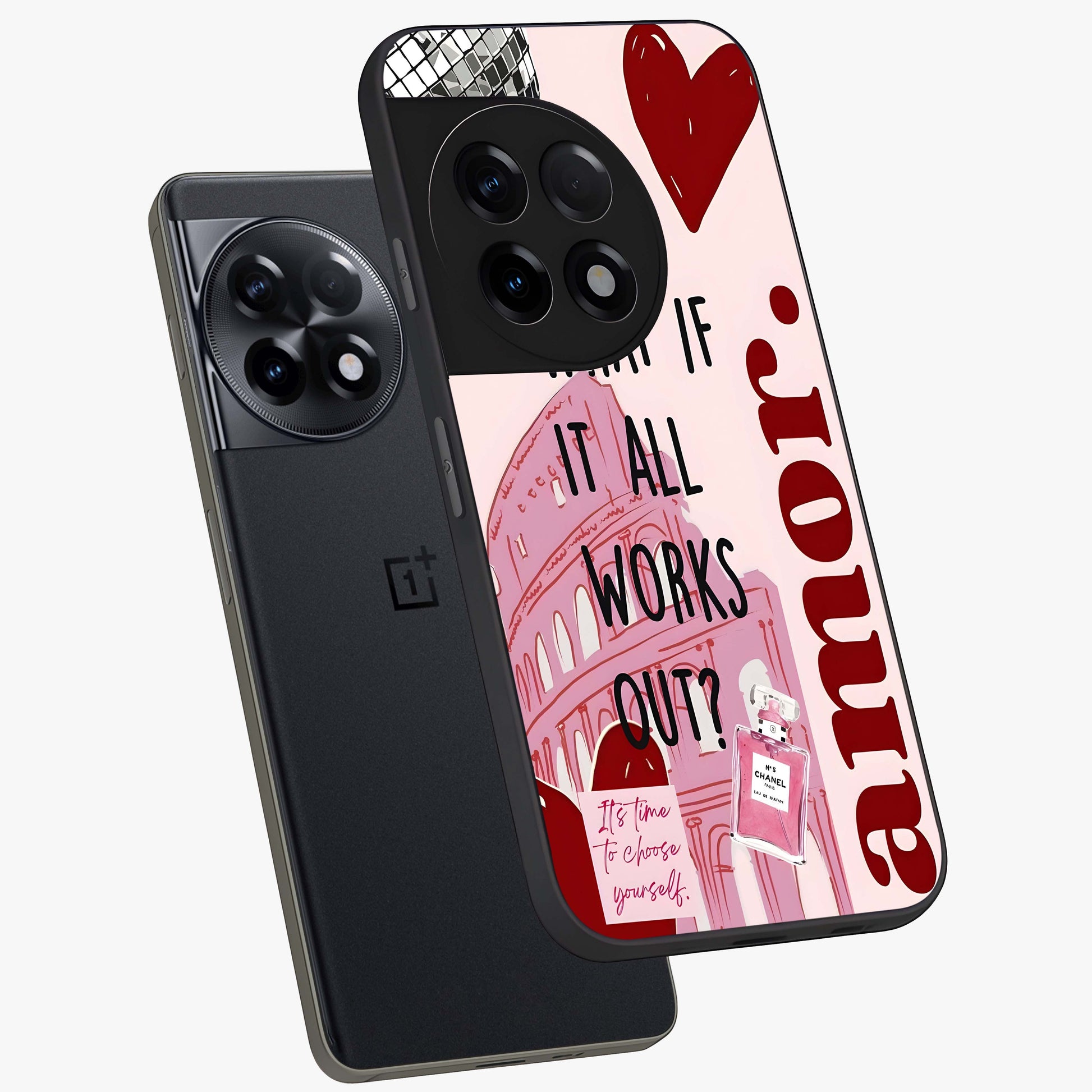 Amor Memory Scrapbook Glass Case for 1+11R angled mockup showcasing glossy finish and layered memory collage design