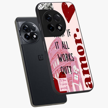 Amor Memory Scrapbook Glass Case for 1+11R angled mockup showcasing glossy finish and layered memory collage design