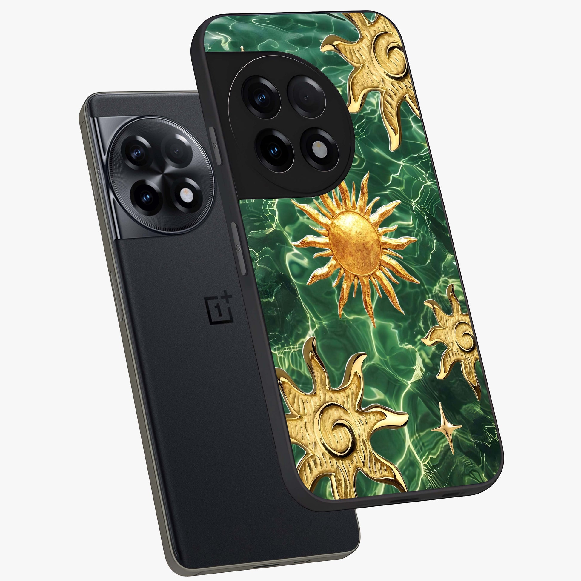 Aqua Sun Mirage Glass Case for 1+11R angled mockup showcasing glossy glass finish and radiant gradient tones