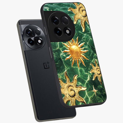 Aqua Sun Mirage Glass Case for 1+11R angled mockup showcasing glossy glass finish and radiant gradient tones