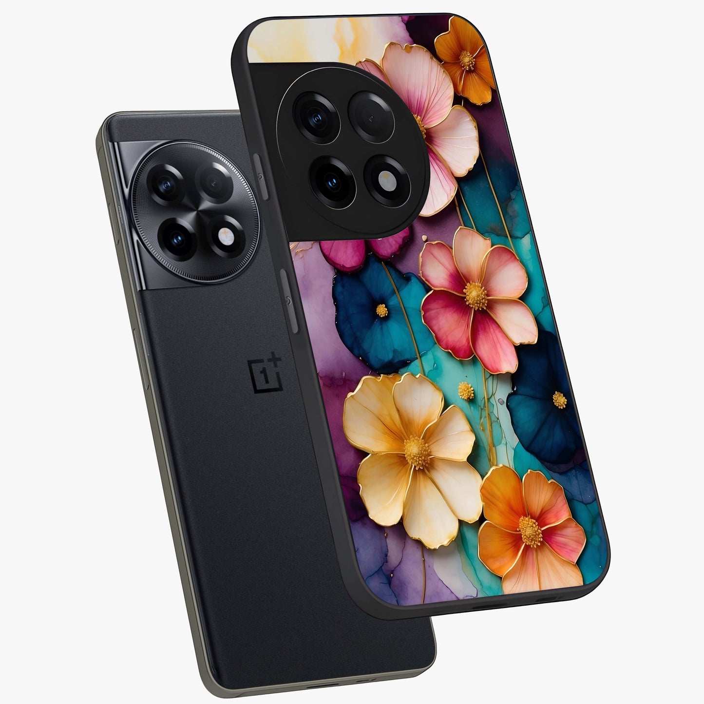 Artlyn Grace Flower Pattern Glass Case for 1+11R angled mockup showcasing glossy finish and graceful flower detailing
