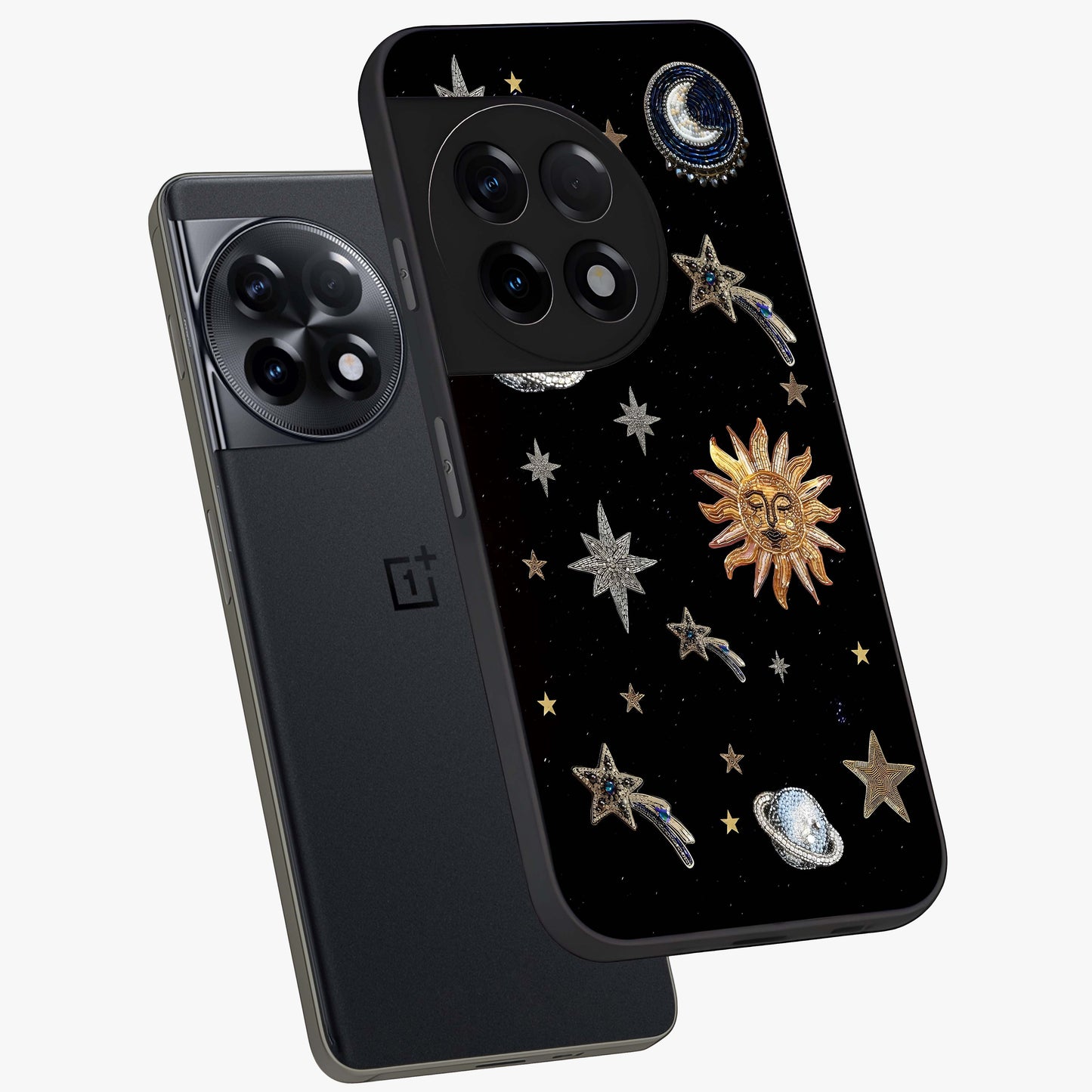 Beaded Cosmic Dreams Glass Case for 1+11R angled mockup showcasing glossy finish and vibrant galaxy detailing