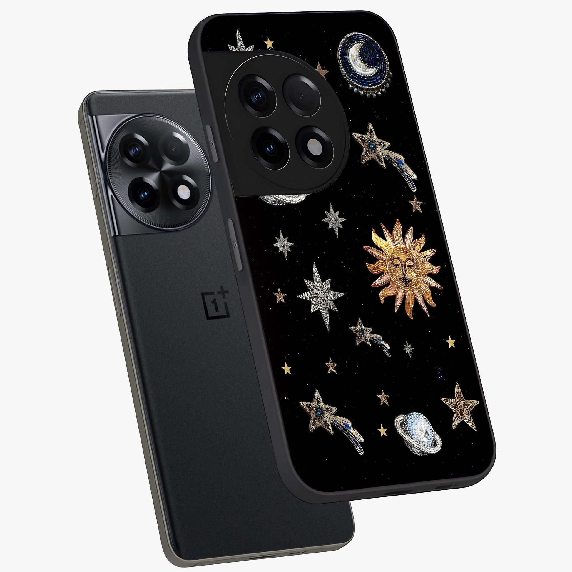 Beaded Cosmic Dreams Glass Case for 1+11R angled mockup showcasing glossy finish and vibrant galaxy detailing