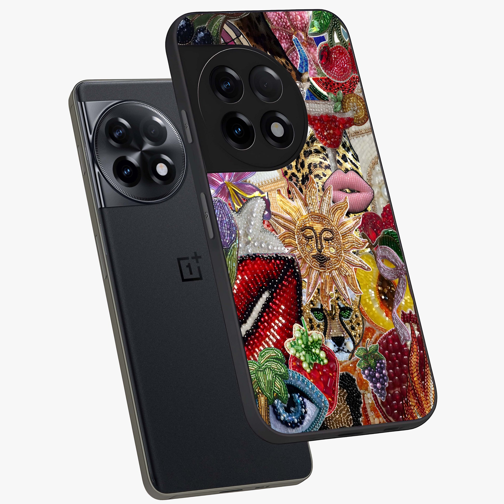 Beaded Fashion Jungle Glass Case for 1+11R angled mockup showcasing glossy finish and vibrant tropical design