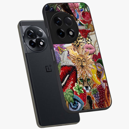 Beaded Fashion Jungle Glass Case for 1+11R angled mockup showcasing glossy finish and vibrant tropical design