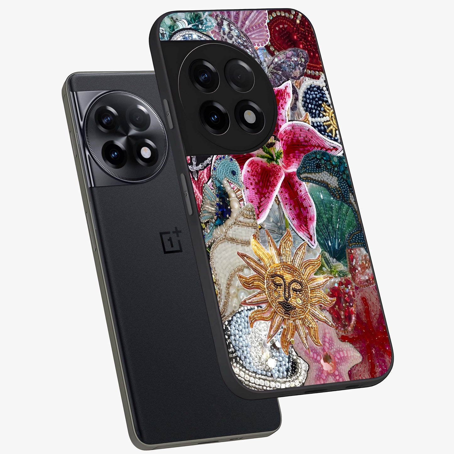 Beaded Garden Fantasy Glass Case for 1+11R angled mockup showcasing glossy finish and detailed fantasy design