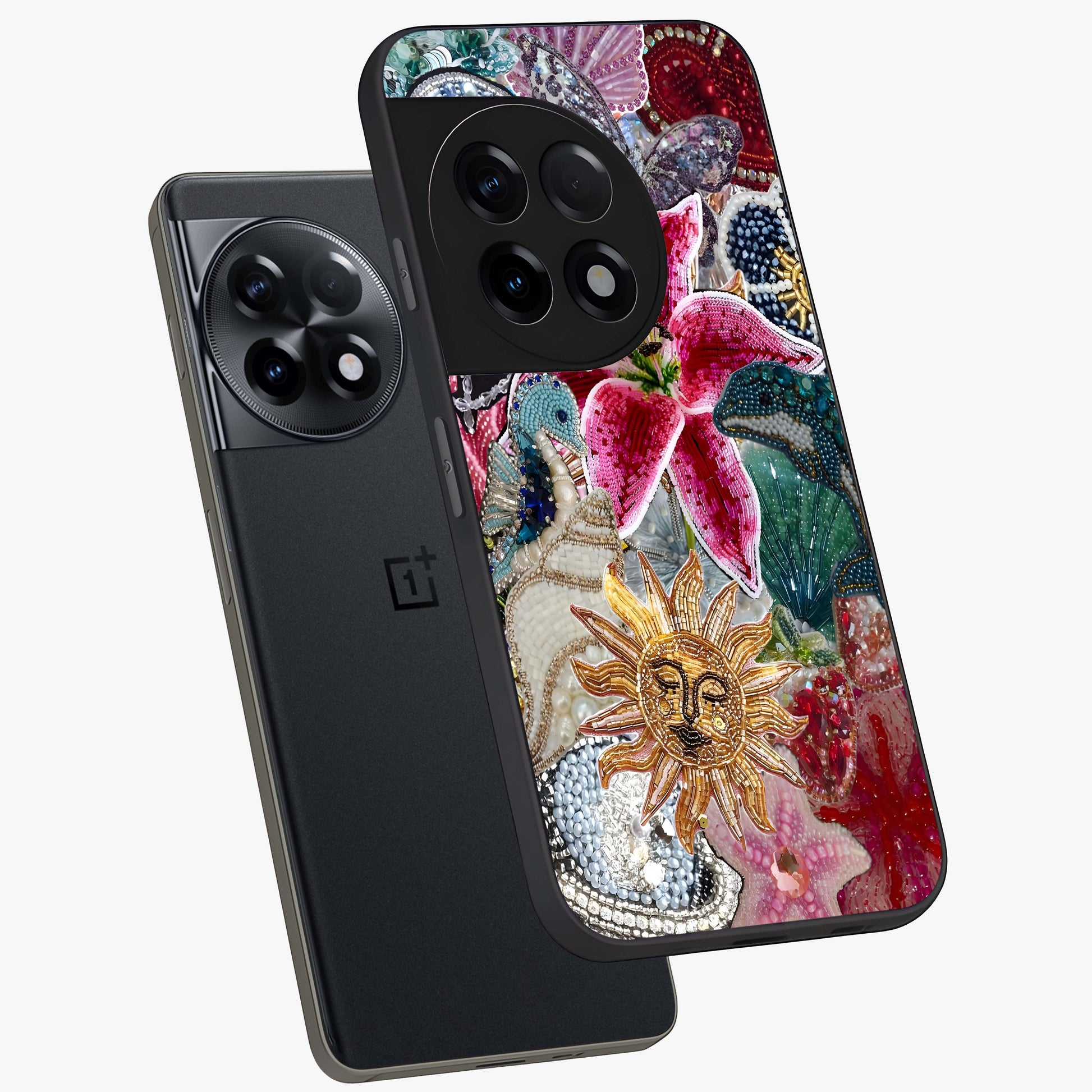 Beaded Garden Fantasy Glass Case for 1+11R angled mockup showcasing glossy finish and detailed fantasy design