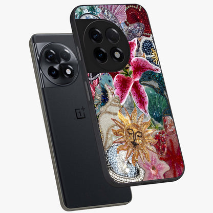 Beaded Garden Fantasy Glass Case for 1+11R angled mockup showcasing glossy finish and detailed fantasy design