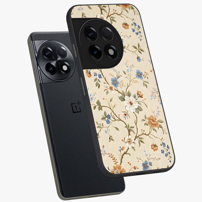 Beige Vintage Flower Glass Case for 1+11R angled mockup showcasing glossy finish and elegant vintage design
