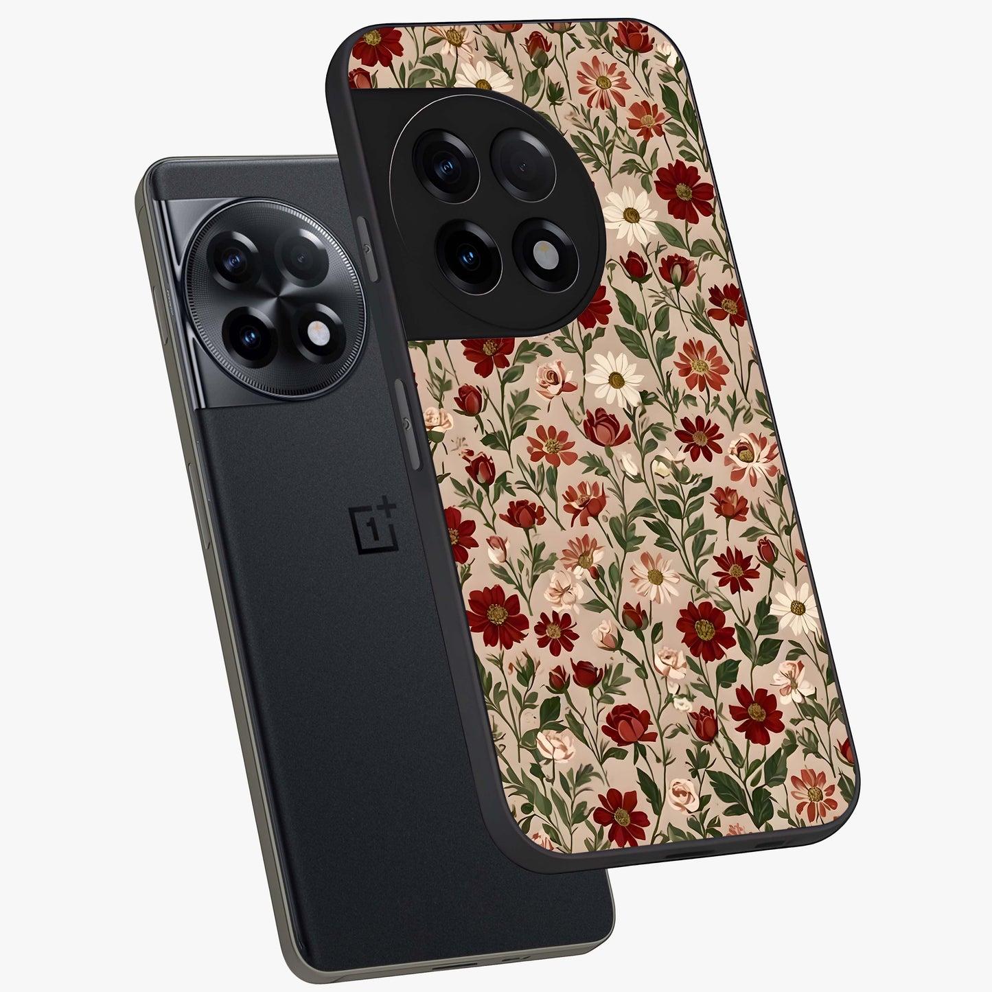 Biege Flower With Leaf Glass Case for 1+11R angled mockup showcasing glossy finish and minimal botanical design